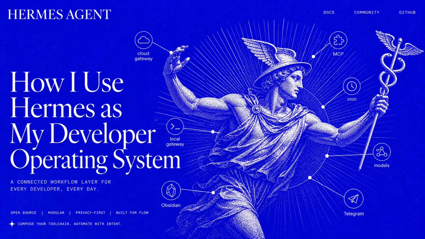 Hermes Agent developer operating system illustration in the official cobalt blue and white visual style